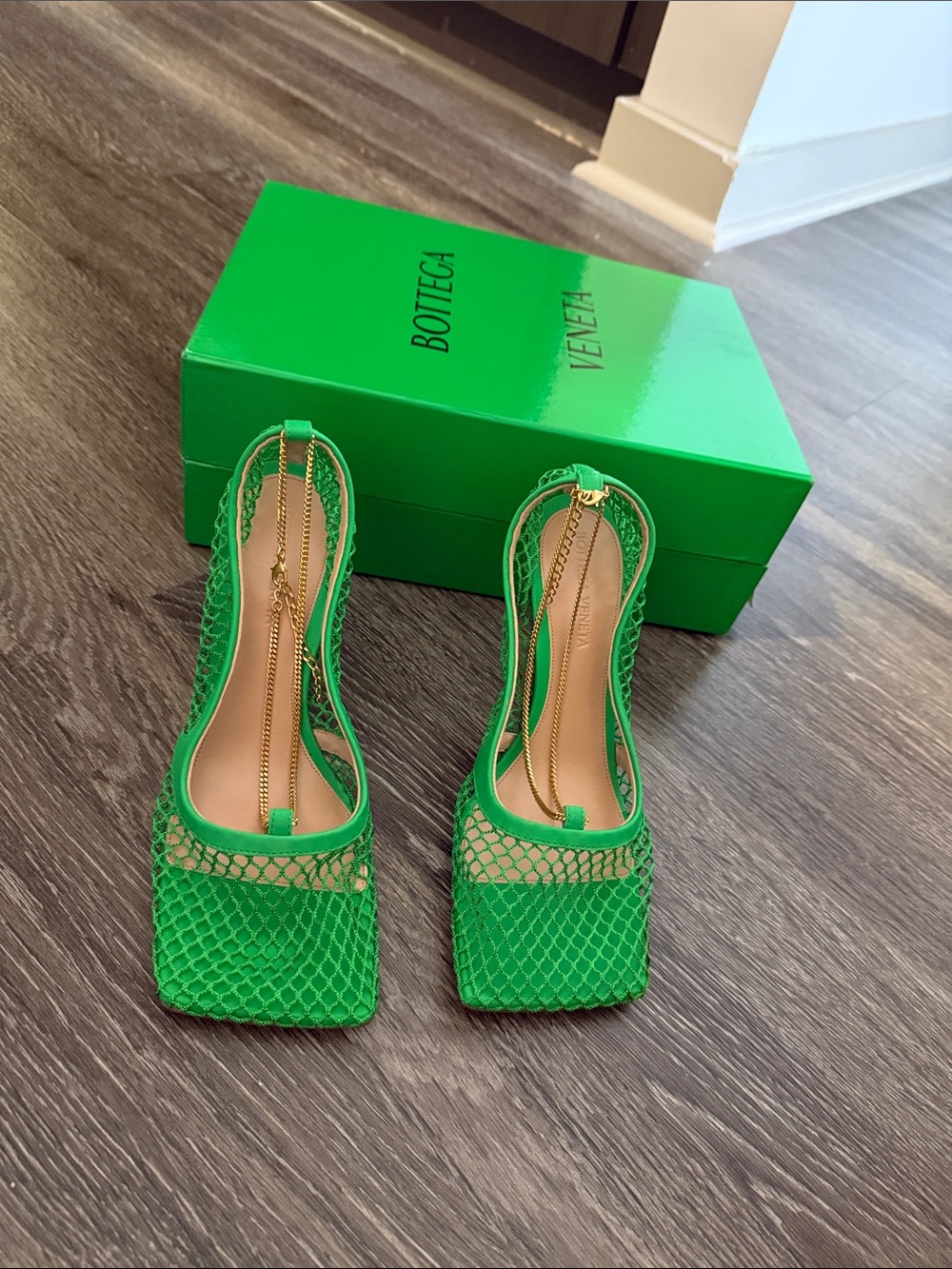 Bottega Veneta Green Mesh Square-Toe Chain Slingback Heels